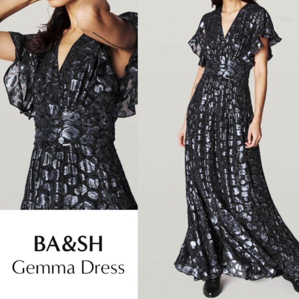 ba&sh Gemma Silk Metallic Maxi Dress Noir Ruffle Sleeve NWT